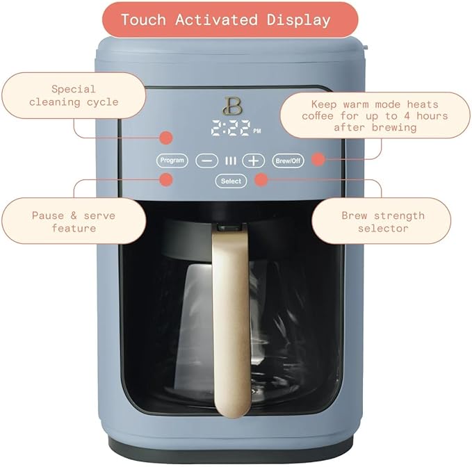 Beautiful 14 Cup Programmable Coffee Maker, Touch Display, 1200W, Brew Strength Control, Keep Warm, Pause & Serve, Glass Carafe, Reusable Filter, Auto Shut-Off, Matte Finish (Cornflower Blue)