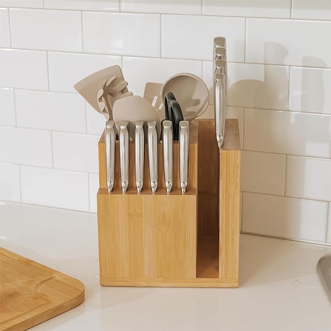 KitchenEdge Bamboo Magnetic Knife Block and Cooking Utensil Holder, Sleek Storage for Chefs Knives, Steak Knives, Spatulas, Scissors, Non-Slip Rubber Feet, Easy to Clean, Kitchen Countertop Organizer
