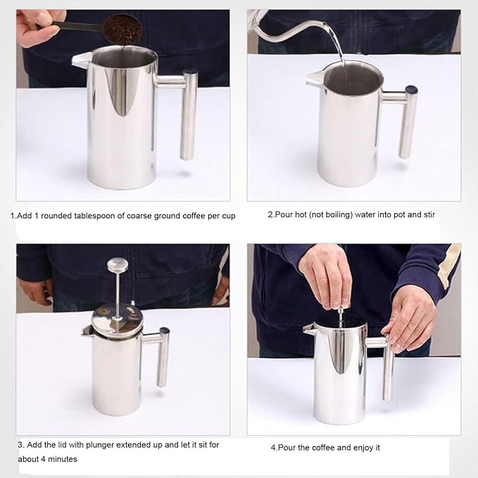 French Press Coffee Maker,Stainless Steel Double Wall Insulated Coffee Press 34 oz,4-8 Cups, Portable Hot Cold Brew Teapot Cafetera for Coffee Bar Accessories Kitchen Camping (silver,34oz)