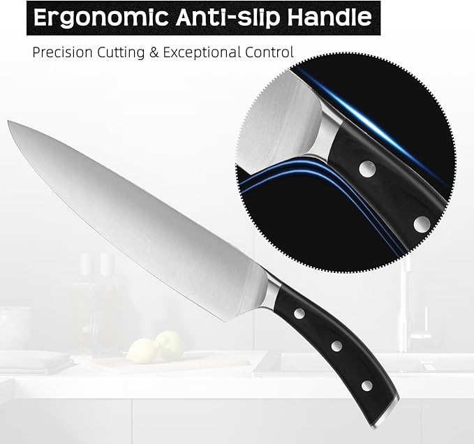 Knife Set, Jourmet 15-Piece Kitchen Knife Set with Block and Sharpener, High Carbon Stainless Steel Sharp Knives, Anti-slip Ergonomic Handle, Black Knife Block Set