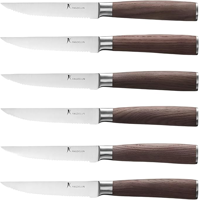 Natura Series 4.5” Serrated Steak Knife Set of 6, High Carbon Stainless Steel, Wooden Handle