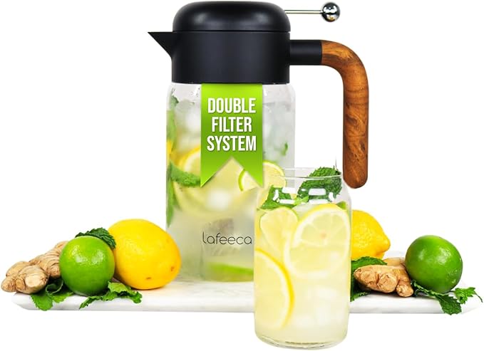 LAFEECA Iced Tea Maker and Infuser - Large Jug with Airtight Lid for Cold Brew - Stainless Dual Ultra Filter - Tritan Pitcher - 2000 ml / 68 oz - Black