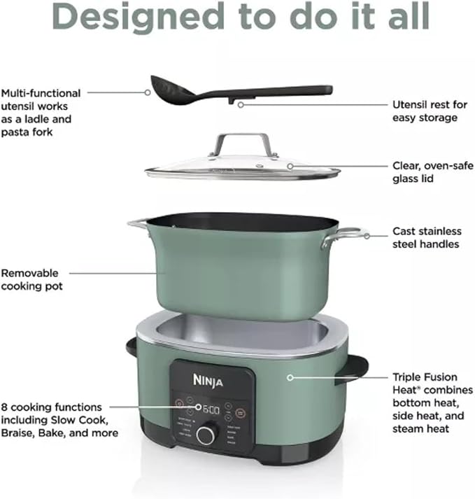 Ninja Foodi PossibleCooker PRO 14-in-1 8.5 Qt Multi-Cooker – Replaces 14 Tools, Nonstick Pot, Glass Lid & Integrated Spoon (Sage Green)