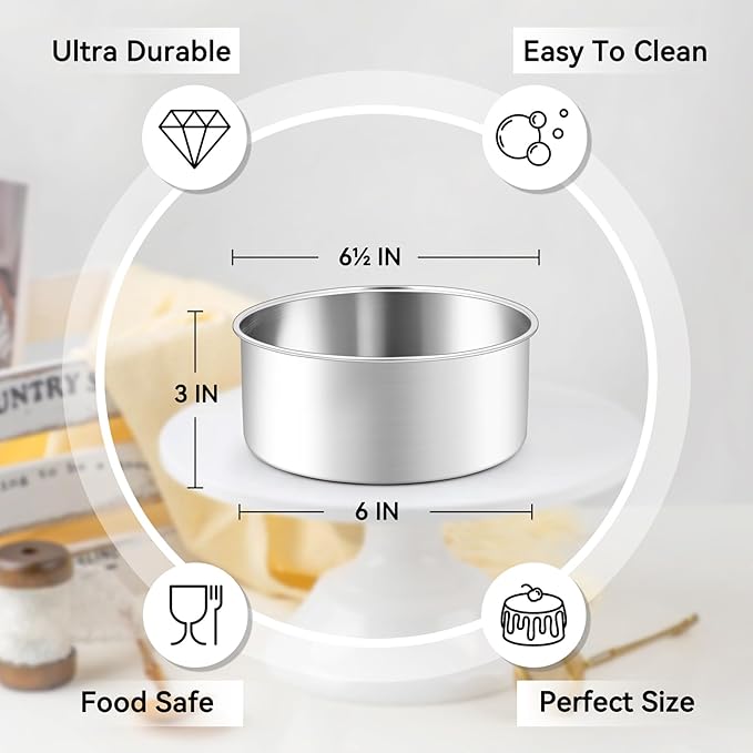 Leonyo 6 Inch Round Cake Pans Set of 3, Stainless Steel Round Layer Cake Baking Pans, Metal Baking Tins for Wedding Birthday, Even Heating, Non Toxic & Healthy, Heavy-Duty, Dishwasher