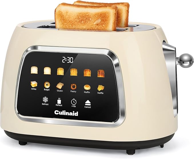 Toaster 2 Slice Smart Touch Screen, Retro 1.5'' Extra Wide Slot Stainless Steel Digital Bread Toaster with Memory Function, Bagel, Defrost, 6 Browning Levels and Removable Crumb Tray, Cream