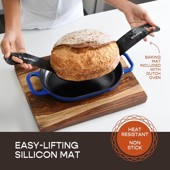 Enameled Cast Iron Dutch Oven for Professional Sourdough Bread Baking | 5.5 Quart Loaf Size Oval Cookware Pot with Lid | Triple-Layer Enamel Coating Pan with Non Stick Silicone Mat | Blue