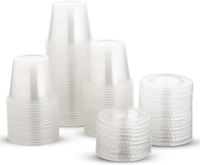 DuraHome Plastic Portion Cups with Lids 4 oz. & 5.5oz. Combo Pack of 150 Leakproof Jello Cup Mini Containers for Salad Dressing Sauce Condiment Snack Souffle and Salsa, Disposable, Interchangeable