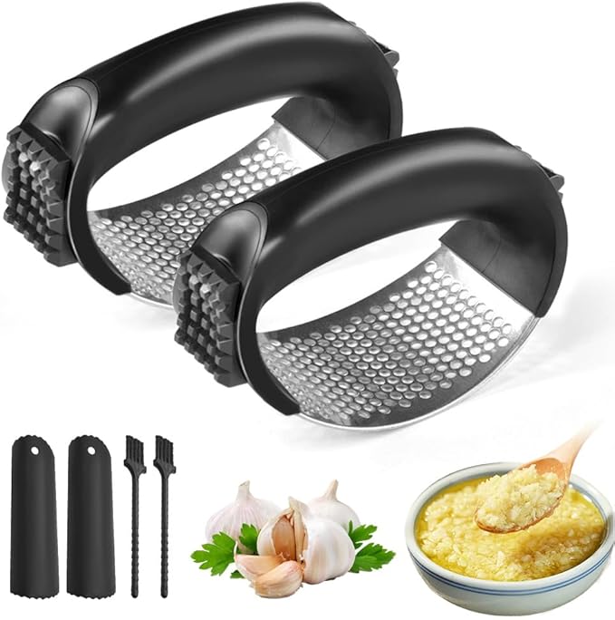 Stainless Steel Garlic Press Rocker, 2025 New Garlic Mincer and Garlic Crusher, Easy-Squeeze Garlic Tool with Peeler and Cleaning Brush for Smashing Garlic (2 Set)