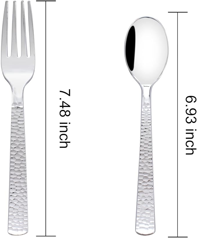 KIRE 400PCS Silver Plastic Forks and Spoons Disposable-Heavy Duty Plastic Silverware Set Silver Spoons and Forks-200 Forks and Spoon for Parties/Birthday/Wedding for Christmas