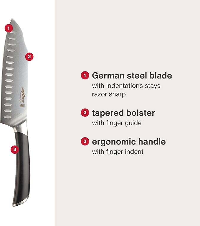 Zyliss Comfort Pro Santoku Knife - Ice Hardened Stainless Steel Kitchen Knife - Tarnish-Free and Rust-Resistant Kitchen Cutlery with Antibacterial Handle - Black/Stainless Steel - 7 inches