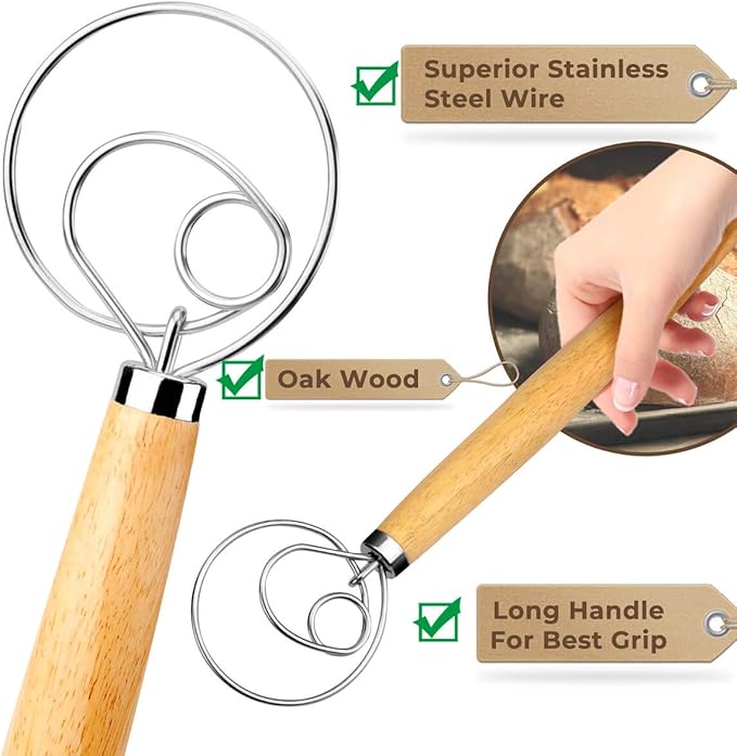 Danish Dough Whisk Bread Mixer，2 Pack Premium Stainless Steel Dutch Whisk With a Dough Scraper for Bread, Pastry or Pizza Dough - Perfect Baking