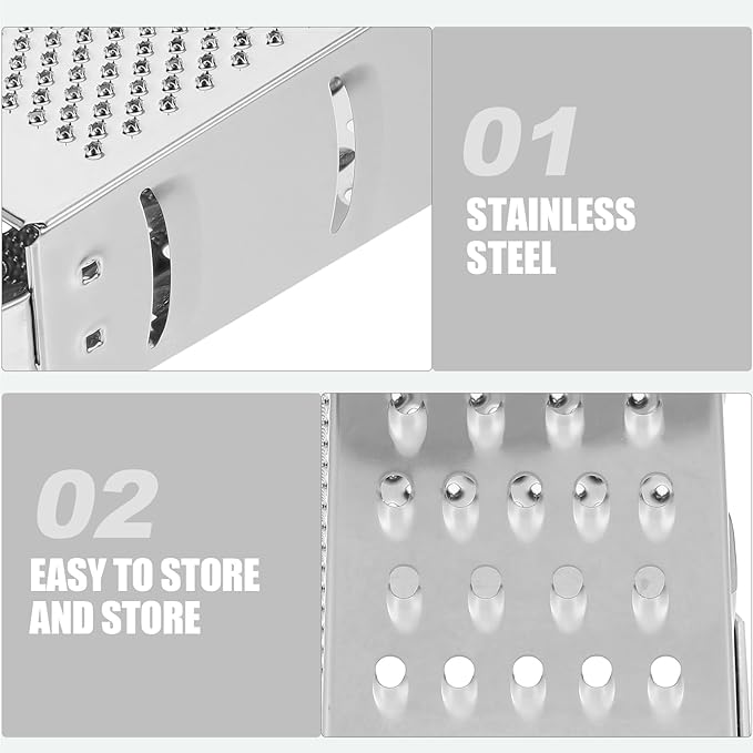 1pc Stainless Steel Vegetable Grater Portable Metal Grater 4-Sided Cheese Grater with Handle for Kitchen Restaurant (8inch)