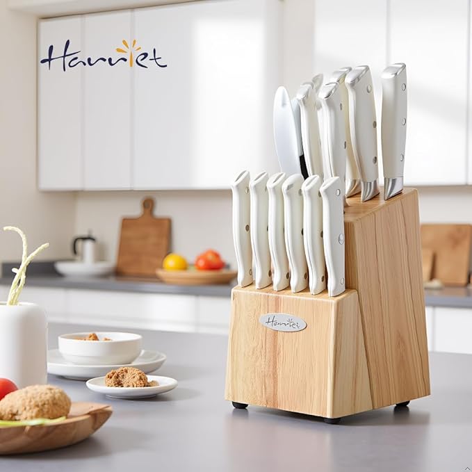 Harriet 14-Piece Knife Block Set, High-Carbon Stainless Steel Chef Knives with Triple Rivet Handles, Sharpening Steel & Multifunctional Shears | Santoku, Bread, Steak Knives & Wood Block