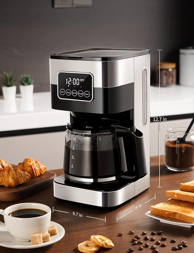 SHARDOR 10-Cup Programmable Coffee Maker, Regular & Strong Brew Drip Coffee Machine for Home and Office, Auto Shut Off, Permanent Filter, Silver