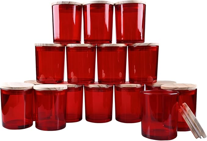 SHOWIN Thick Candle Jars for Making Candles 16 Pcs, 7 OZ Empty Jars with Wood Lids for Candle Making, Sample Container, Red