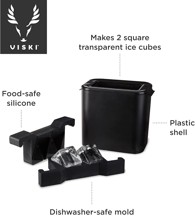 Viski Ice Maker, Whiskey Ice Cube Molds Makes 2 Large Crystal Clear Cubes, Perfect for Old Fashioned, Bourbon, Scotch & Craft Cocktail Drinks, Home Bar Accessories, Barware Essentials, Set of 1, Black