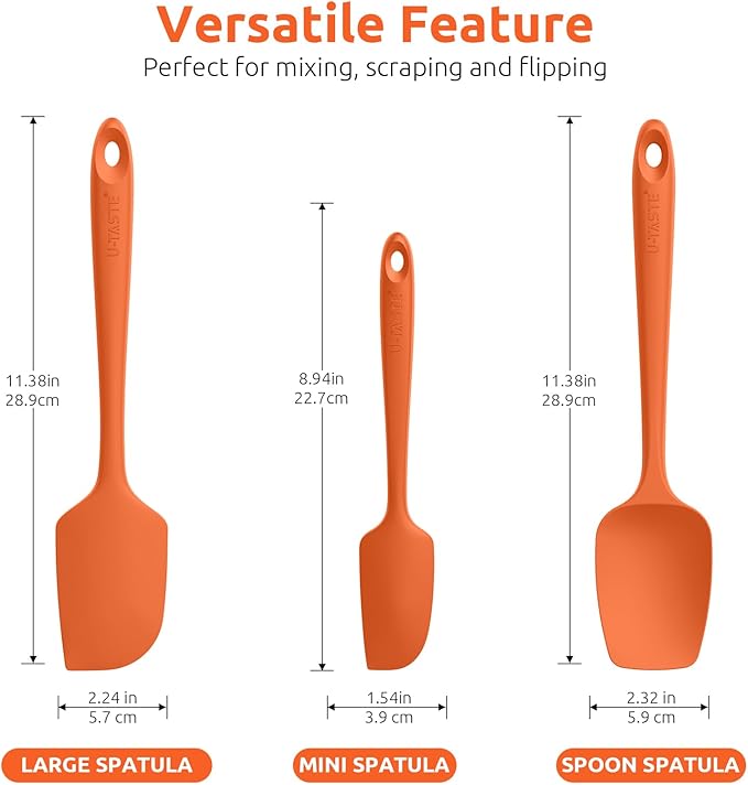 U-Taste Silicone Baking Spatula Set: 480ºF High Heat Resistant, Food Grade Flexible Rubber Kitchen Cooking Mixing Scraper, Food Grade Seamless Utensil for Nonstick Cookware Set of 3 (Orange)