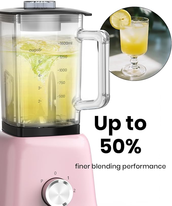 Professional Blender For Smoothies, 58 Oz Glass Jar, Glass Blender Including Puree & Crush Ice Functions, 750 Watts, B02 (Macaroon Pink)