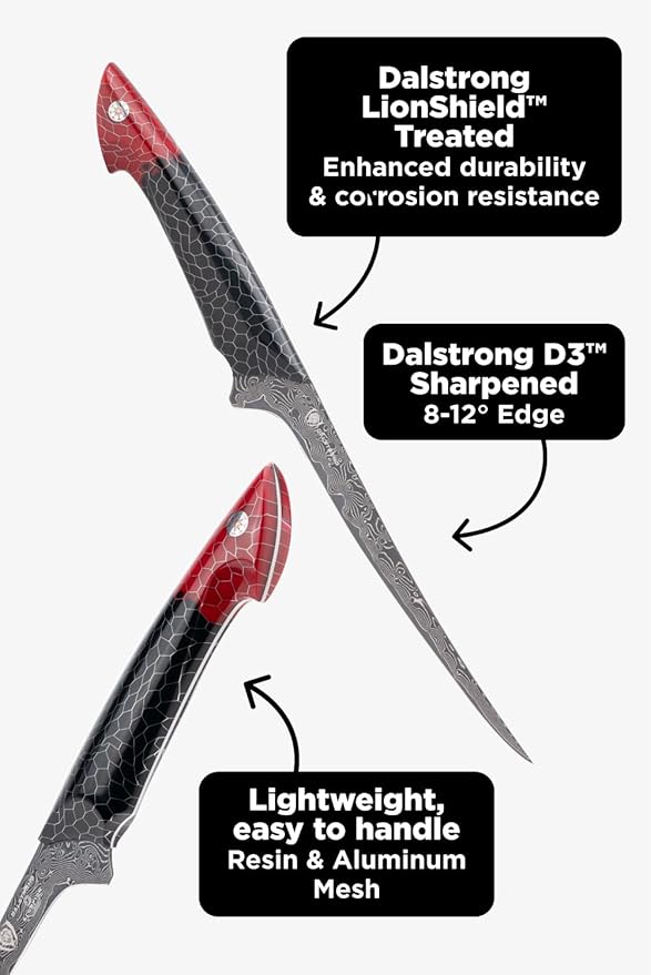 Dalstrong Fillet Knife - 7 inch - Scorpion Series - Exclusive Japanese V12 Ultra™ Steel - Black Damascus - Black & Red Honeycomb Resin Handle Cooking Boning Knife Gift - Custom-Fit Leather Sheath