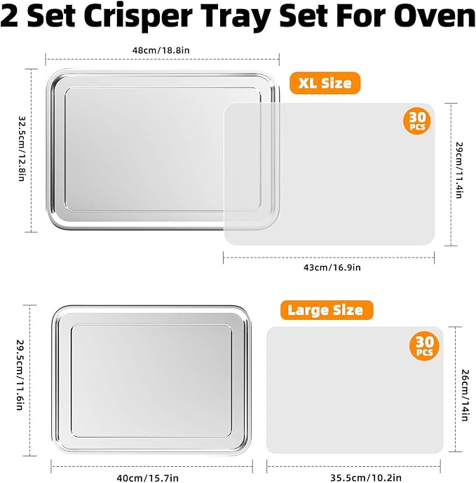 Air Fryer Basket, 2 Set Air Fryer Pans and Tray for Oven with 60 PCS Parchment Papers, DEGOVIN Non-stick Stainless Steel Oven Air Fryer Basket and Tray-18.8" x 12.8"Extra Large &15.7" x 11.6"Large