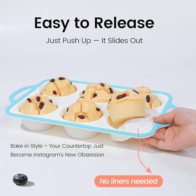 Silicone Jumbo Muffin Pan with Metal Frame, Non Stick Food Grade Silicone Large Muffin Pan, with Handles 6 Cup,BPA-Free and Dishwasher Safe, Jumbo Cupcake Pans - 2 Piece Blue