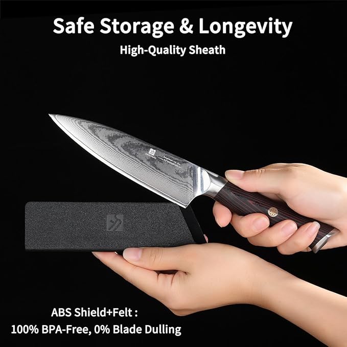 Utility Knife,5.5inch Damascus knife,67-Layer High Carbon Stainless Steel Kitchen Knife,Professiona Sharp Cutting Knives with Ergonomic Red G10 Handle,Gift Box for Home and Kitchen Birthday Gift