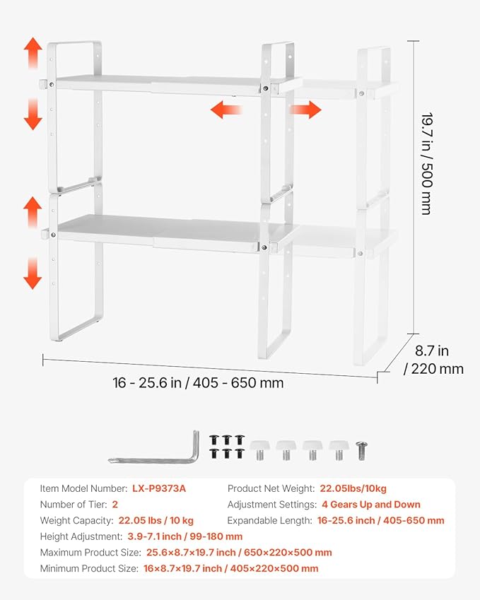 VEVOR Adjustable Kitchen Cabinet Shelf Organizer, Expandable 2 Tier Cabinet Shelf, Stackable Countertop Organizers and Storage Risers, Pantry for Kitchen Bathroom Office, White