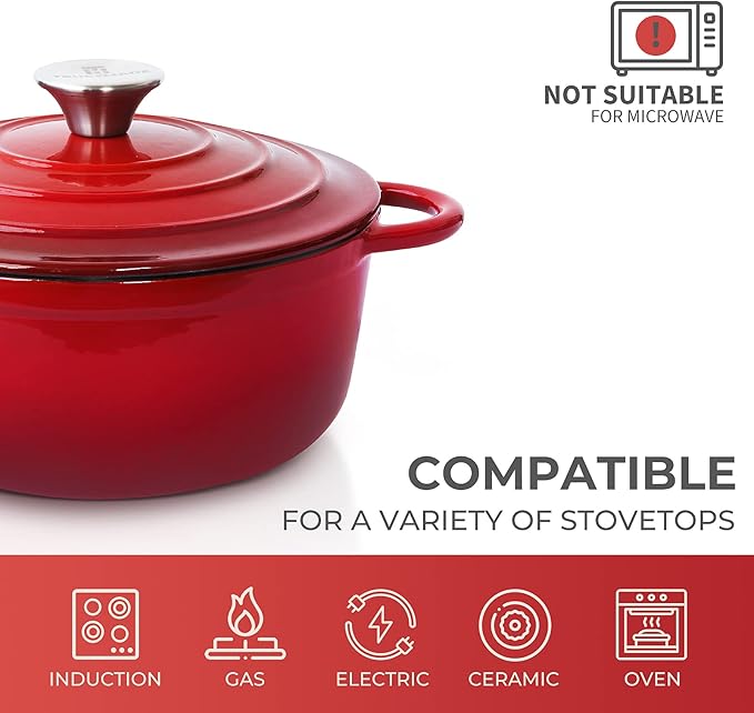 Trustmade 4.5 QT Cast Iron Dutch Oven, Enamel Coated Cookware Pot with Self Basting Lid for Home Baking, Braiser, Cooking, Red