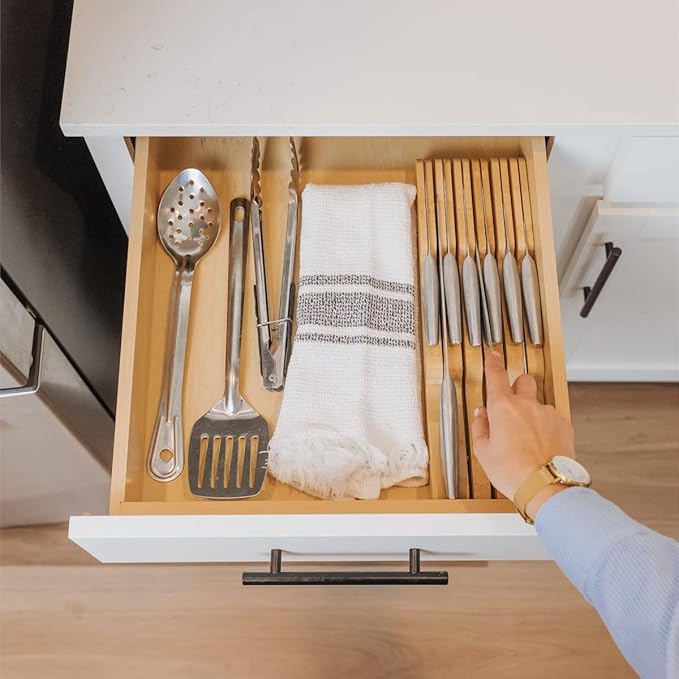 KitchenEdge Bamboo Kitchen Knife Block Holder Organizer - Holds 5 Long + 6 Short Knives (Not Included), Fits Most Knife Sizes, Rubber Feet, Sustainable Bamboo, In-Drawer Design
