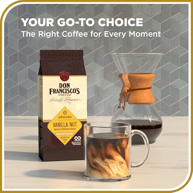 Don Francisco's Vanilla Nut Ground Coffee, Medium Roast – Flavored 100% Arabica, 12 oz Bag, Premium Coffee for Drip, Pour Over & French Press