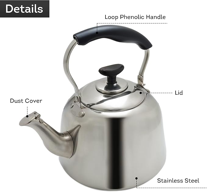 Lily's Home Whistling Tea Kettle for Stovetop, 2 Quart Stainless Steel Water Kettle with Loud Whistle, Cool-Touch Handle & Induction Compatible Base - For Gas, Electric, & Induction Cooktops
