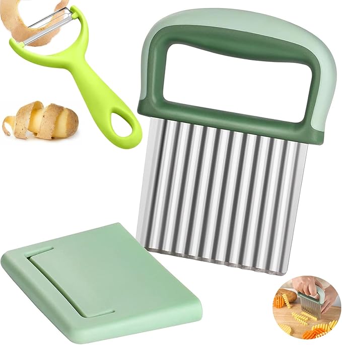 Crinkle Cutter and Vegetable Peeler 2 PCS, Wave Slicer Fry Cutter with Stainless Steel Blade Food-safe for Veggies, Handheld Vegetable Chopper, Salad Garnishing Tool, DishwasherSafe