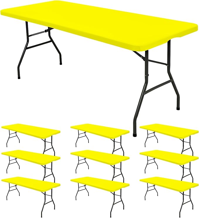 10 Pack Fitted Tablecloth for 8 Foot Rectangle Tables, Yellow Elastic Outdoor Picnic Table Cover, Washable Stretch Folding Table Cloths 8 ft for Camping Party Patio Kitchen Banquet, 30" W x 96" L