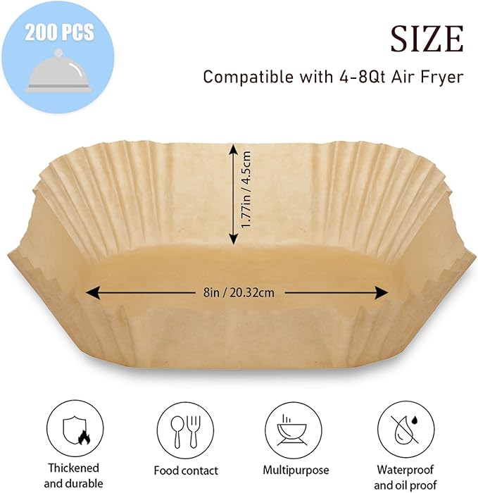 200PCS Air Fryer Paper Liners, Disposable Non-Stick Air Fryer Parchment Paper Fit 4-8QT Air fryer Basket Oil Resistant, Waterproof Baking Paper Roasting Microwave (Square,8 Inch)