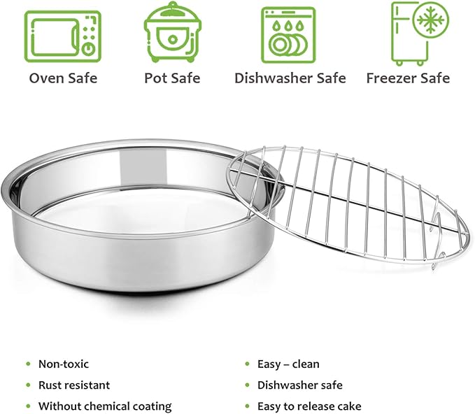 E-far Round Cake Pan with Rack Set, 9½-inch Stainless Steel Cake Pans and Baking Cooling Racks, Non Toxic & Healthy, Mirror Polished & Dishwasher Safe - 4 Pieces (2 Pans + 2 Racks)