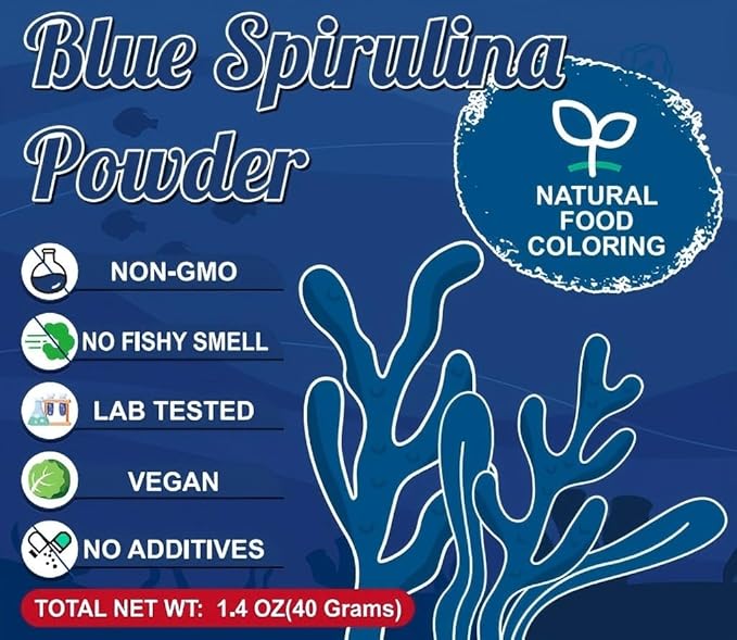 Blue Spirulina Powder - 40g Natural Blue Food Coloring, No Fishy Smell, 100% Vegan Phycocyanin Extract Spirulina Powder, Plant Based Food Dye for Cake Decorating, Smoothie, Baking, Drinks