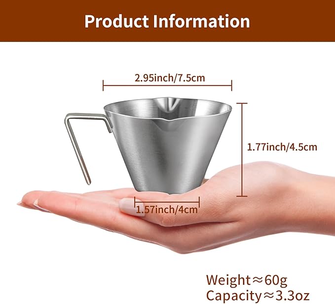 1Pc Stainless Steel Espresso Cups, Double Spout Metal Measuring Cup with Dual Scale, Espresso Shots Cup with Handle, Coffee Bean Weighing (White), 3.4oz/100ml
