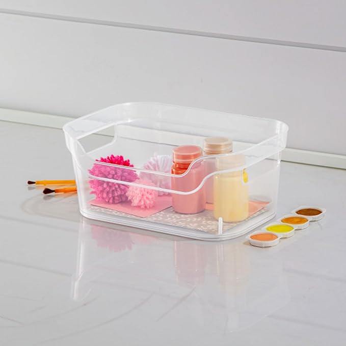 Sterilite 9.5 x 6.5 x 4 Inch Small Open Scoop Front Clear Storage Bin with Comfortable Carry Through Handles for Household Organization (48 Pack)