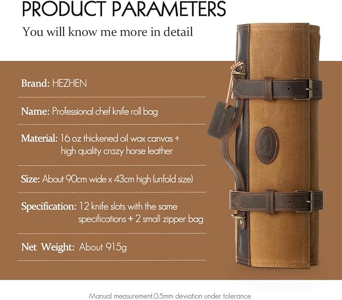 Chef Knife Roll Bag 16oz Oil Waxed Canvas with Cazy Horse Leather, 12 Slots & 2 Zipper Pockets, Portable Backpack Knife Case Storage, Detachable Adjustable Shoulder Strap Belt(Not Included Knives)