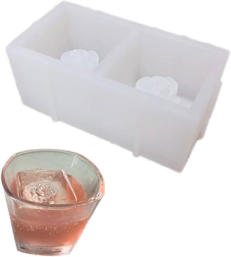 3D Rose Whiskey Large Ice Cubes Tray,Big Silicone Square Ice Grid Mold,Ice Making Box, Durable and Easy Release, Suitable for Homemade Freezer, Cocktails, Iced Coffee, and Cold Drinks