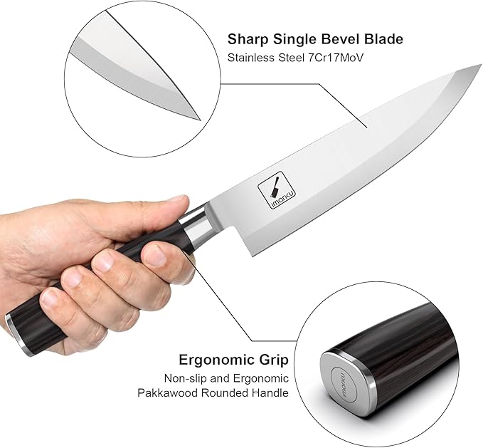 imarku Chef Knife 8-Inch Pro Japanese Kitchen Knife 7Cr17MoV High-Carbon Stainless Steel Paring Knife Ergonomic Handle Rasor Sharp Single-Bevel Edge Chrisymas and Thanksgiving Gift for Women and Men