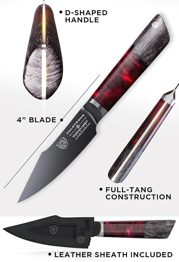 Dalstrong Paring Knife - 4 inch - Spartan Ghost Series - Premium American Forged S35VN Powdered Steel - Razor Sharp Blade - Kitchen Knife - Maple & Red Resin Handle - Sheath