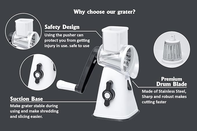 Premium Rotary Cheese Grater - Effortless Grating for Perfectly Shredded Cheese Every Time! (White and Black)