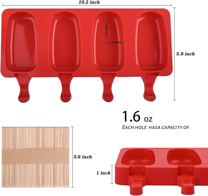 WMKGG Popsicle Silicone Molds Set, 2 PCS Ice Cream Molds with 50 Wooden Sticks for Cake Pop, Ice Pop, Cakesicles (Standard Size/Red)