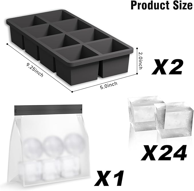 Samuelworld Large Silicone Ice Cube Tray Molds, Big 2 Inch Cubes 3 Pack- Food Grade, Flexible, 8 Cavity Easy Release Slow Melting Ice for Whiskey, Cocktails, Gifts & Christmas - Black (Ice Bag)