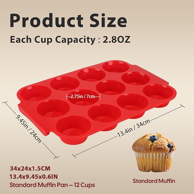Silicone Muffin Pan for Baking - Premium 12-Cup Nonstick Muffin Pan, Easy Release & Clean, Dishwasher Safe Muffin Tray for Perfect Cupcakes, Muffins & More.