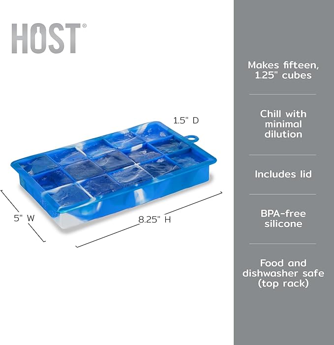 Host Ice Cube Tray with Lid, Makes 15 1.25" Cubes, Durable Silicone Trays, Perfect for Cocktails, Beverages, Mocktails, Iced Coffee, Tea, Infused Water, Kitchen Essentials, Set of 1, Blue Marble