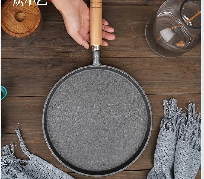 cast iron skillets rotundity Cast Iron Grill Pan with Wooden Handle Multi-purpose griddle pan steak pan (10.24-inch circular)
