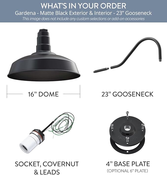Steel Lighting Co. Gardena Barn Light | Outdoor Wall Mounted | 16" Dome | 23" Gooseneck | Farmhouse Light Made in America | Matte Black Exterior/Matte Black Interior