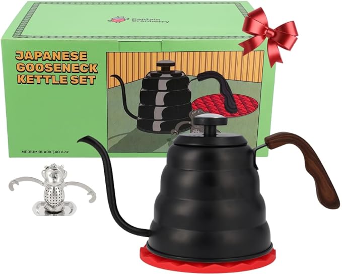 Japanese Gooseneck Kettle Stovetop with Thermometer and Insulated Handle (4-piece, 1200ml / 40.6 oz), Stainless Steel Pour Over Tea Kettle Stovetop, Precision Pour Kettles Pot for Coffee & Tea